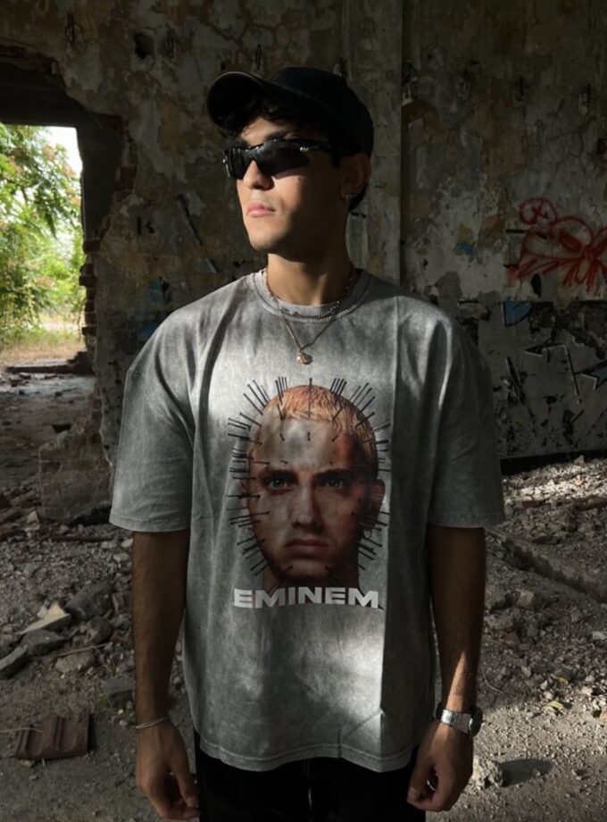 Eminem Gri Oversize Yıkamalı Tshirt